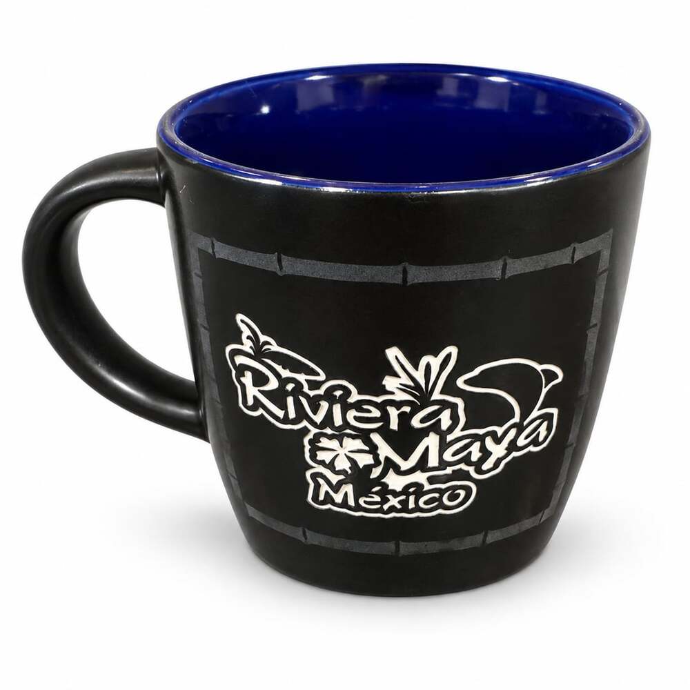 Souvenir Riviera Maya Mexico Coffee Mug Black Blue Monstera Leaves